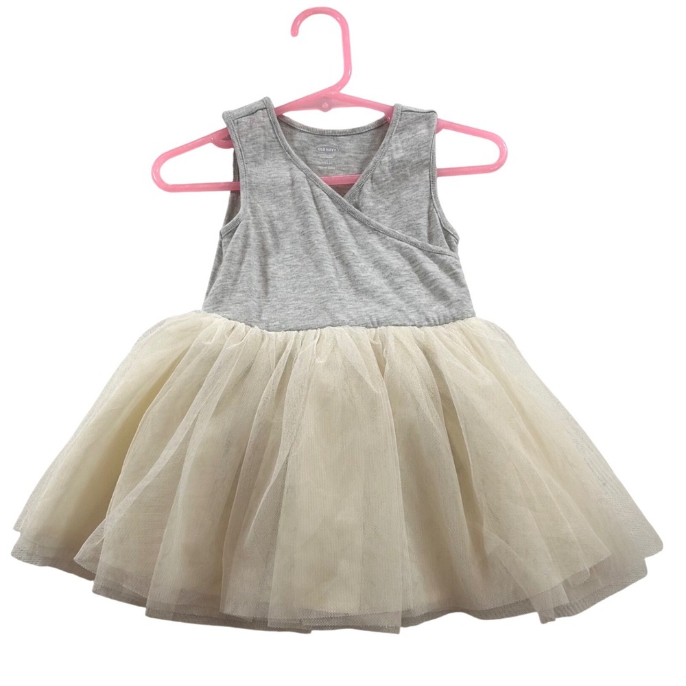 Old Navy Baby Girl Gray Cream Tulle Tutu Bodysuit Dress 6-12 Months Sleeveless